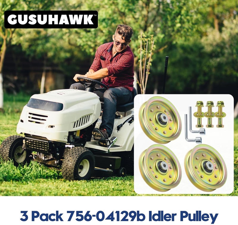 GUSUHAWK 3 Pack 753-08171 Idler Pulley Kit Replaces Cub Cadet 756-04129B Idler Pulley 756-04129, MTD 756-04129B, Cub Cadet 756-04129, Troy Bilt Pulley 753-08171 Cub Cadet Idler Pulley Kit, 753-08068 - Image 2